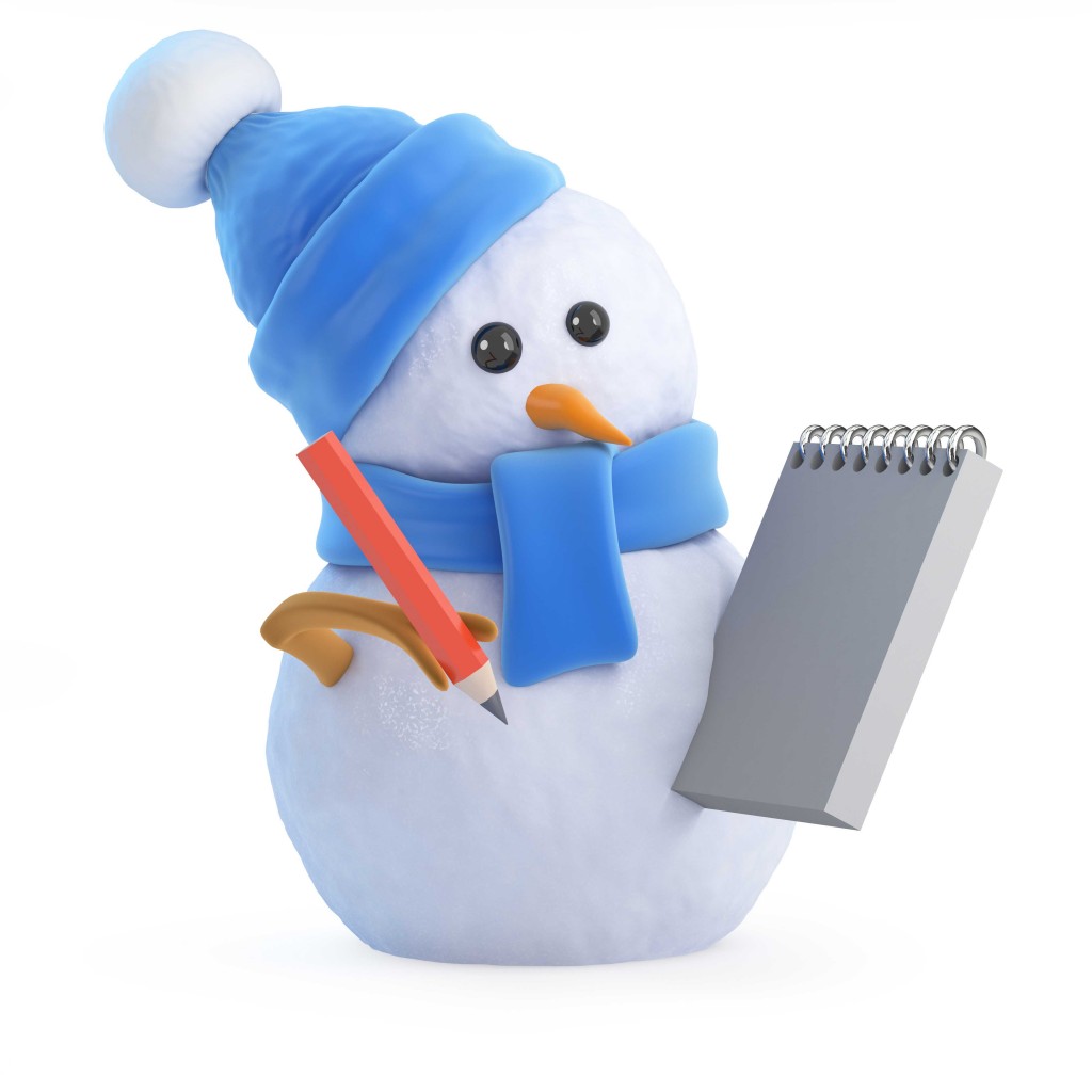 Blue snowman writes in his notepad