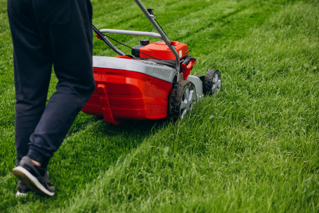man cutting grass with lawn mover backyard